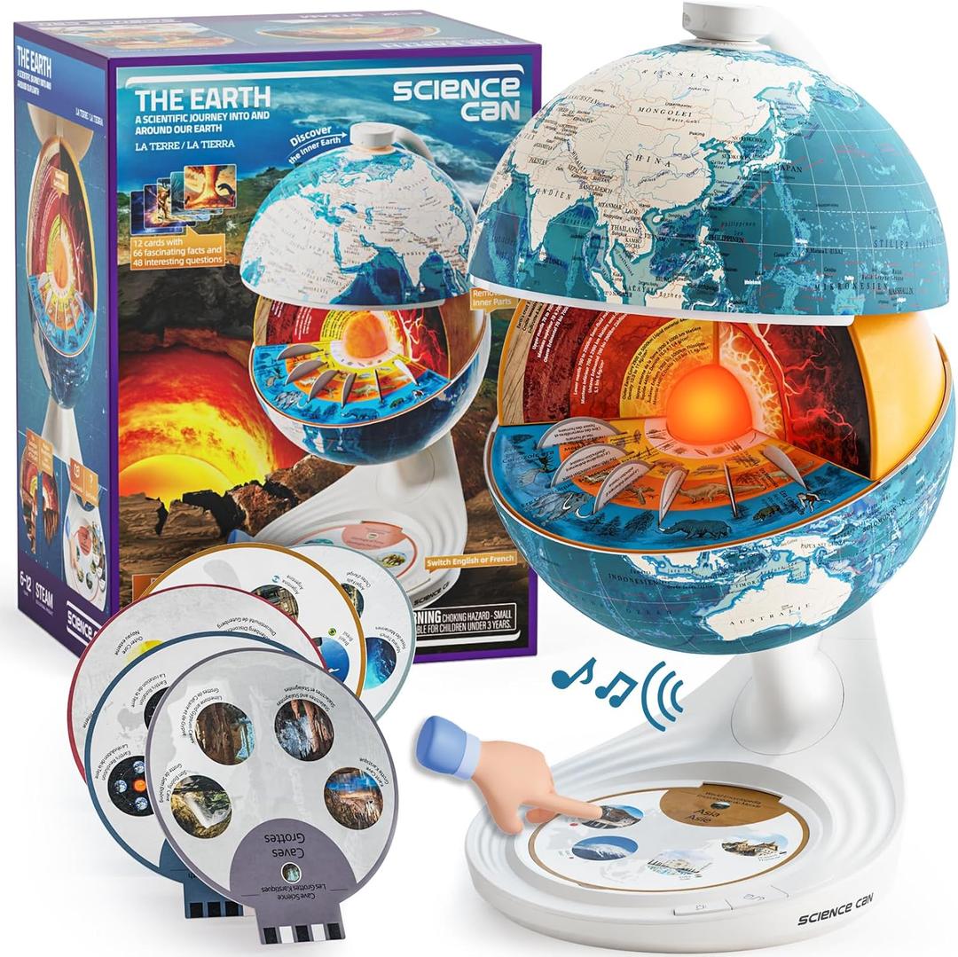 Science Can Openable Globe for Kids, 8 Inch Interactive Globe Talking Model with Knowledge & Quiz Mode, Bilingual Stem Toys for Kids Age 8-13, Birthday Gifts for 6-12 Year Old Boys & Girls
