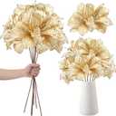 Hotop 6 Pcs Glitter Poinsettia Flowers 3 Large Heads Artificial Clivia Floral Picks 24 Inch Long Stem Artificial Christmas Flowers for Xmas Vase Table Centerpiece Wedding(Champagne Gold)