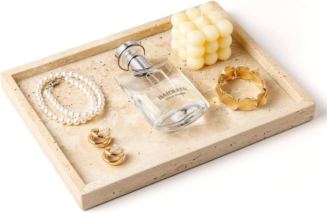 WORHE Vanity Tray Italy Travertine Stone for Jewelry, Perfume, Makeup, Candle Large Natural Marble Decorative Trays for Bathroom Dresser Rectangle Kitchen Storage Organizer for Home Decor Beige(WH021) (Beige - 11.8" X 9.3")