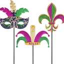 hogardeck Mardi Gras Outdoor Decorations, Set of 3 Metal 36" Decorative Garden Stakes with Mask Fleur-de-lis Jester's Hat for Mardi Gras Decor, Glitter Yard Sign for Outside Lawn Porch Backyard Party (Green, Purple, Gold)