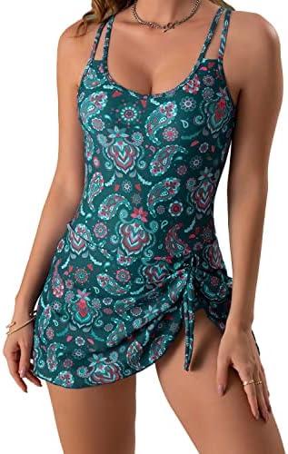 Women's One Piece Flower Print Swimdress Swimsuit, Retro Tummy Control Swimwear, Summer Floral One-Piece Ruched Swimsuit (Large)