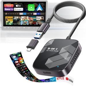 3-in-1 Wireless CarPlay Adapter 2026, Android Auto & Car Play Converter with HDMI Input for Fire TV Stick, Screen Mirroring & Streaming for Netflix/YouTube, Metal&Glass Case, Fit for 2016+ Cars -Grey