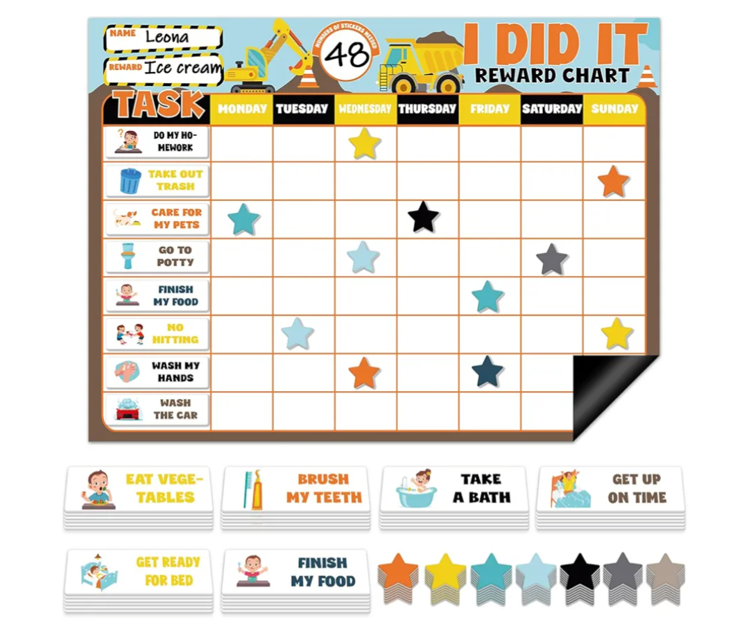 Magnetic Reward Chart for Kids at Home Construction Theme I Did It Motivate Behavior Reward Chart System Magnetic Behavior Tracker Incentive Chore Pad to Develop Responsibility and Good Habits