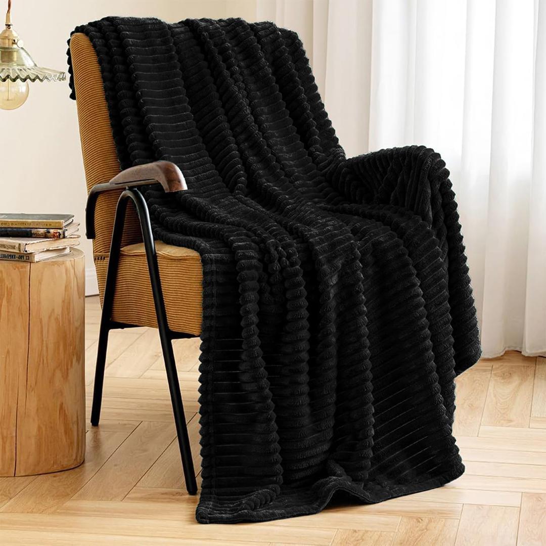 MIULEE Black Throw Blanket 3D Ribbed Jacquard Fleece Flannel Velvet Plush Decorative Bed Blanket (Throw, 50" x 60") - Super Soft, Lightweight, Warm and Cozy for Couch Sofa