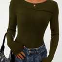 KIRUNDO Womens Tops Boat Neck Long Sleeve Ribbed Knit Slim Fit Stretch Shirts Workout Going Out Top Early Fall Fashion (Green, M)
