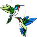 2 Packs Hummingbird Stained Glass Window Hanging Suncatchers - 6 Inch Handmade Real Glass with Copper Foil Edges, Bird Safe Gifts for Women Mom Grandma Bird Lovers(Suction Hooks Included)
