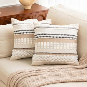 Anna's Whimsy 18x18 Inch Bohemian Set of 2 Boho Beige Pillow Covers Spring Boho Throw Pillow Covers, Soft Linen Striped Farmhouse Decorative Square Pillows Cover for Couch Bed Living Room Decor