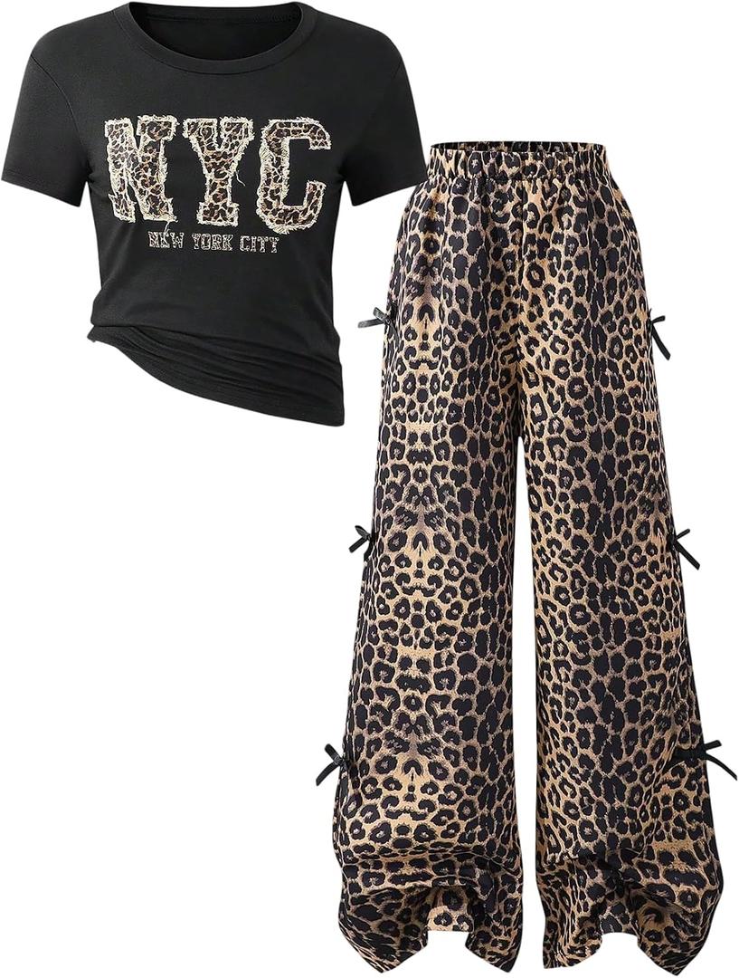 RoseSeek Girl's 2 Piece Leopard Print Outfits Short Sleeve Graphic Tees and Bow Cheetah Baggy Pants Sets, 11Y