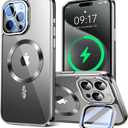 for iPhone 15 Pro Max Case Compatible with Magsafe Accessories,Stash Stand 9H Lens Protection,Slim Phone Case Military-Grade Shock Anti Yellowing Transparent Case 6.7-Grey