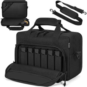 Tactical Gun Range Bag, Pistol Carrying Bag for 2 Handguns and Ammo, Firearm Shooting Case with 6 Magazine Slots and Lockable Zipper for Shooting Range & Outdoor Hunting (Black)