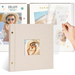 10x10 Inch Linen Self Adhesive Photo Album with Window, 20 Pages Scrapbook for Wedding Memories & Family Keepsakes, Classic Beige, Fits 2x3 4x6 5x7 Photos