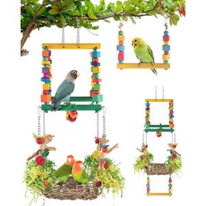 Bird Hammock Toys Parakeet Perches Swing, 3in1 Detachable Parrot Cage Accessories, Wooden Hanging Chew Toys for Medium Small Birds Budgie Lovebird Cockatiel Parakeet Finches