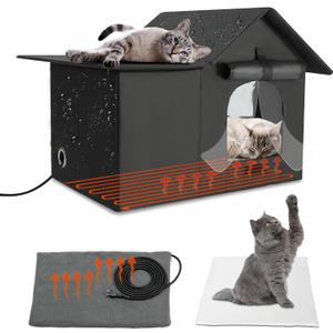 Large Heated Cat House for Outdoor Cats in Winter, Weatherproof Feral Cat Shelter with 2 Pads, Collaspable Insulated Cat Kennel Outside Stray Cat Hut for Wild Small Animal Rabbit