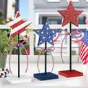 4th of July Tiered Tray Decor Wooden Star Set, 3 Pcs Memorial Day Table Decorations, Rustic Patriotic Tabletop Home Decor, Red White and Blue Decorations for Home (Shiny)