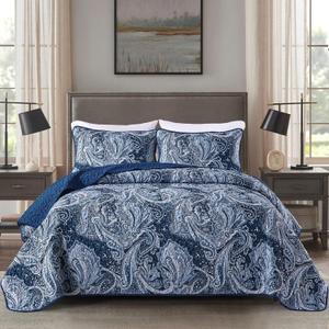 DJY Navy Paisley Quilt Set Full Size Boho Bedspread Coverlet Set 3 Pieces, Soft Lightweight Microfiber Navy Blue Paisley Floral Pattern Bedding for All Season, 90"x80"