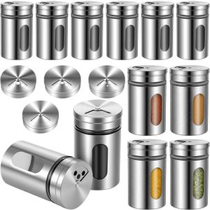 12 PCS Stainless Steel Salt and Pepper Shakers Set with Adjustable Pour Holes and Glass Window Seasoning Shakers with Rotating Lid Spice Dispenser Shaker for Seasoning, Sugar, Cinnamon, Home Kitchen