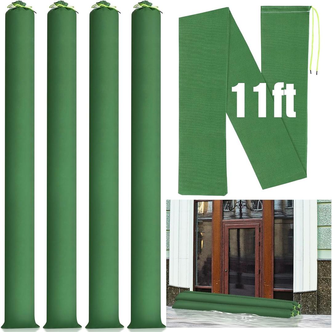 Threan 4 Pcs Long Canvas Sandbags for Flooding Sand Tube Bags Flood Protection Thickened Reusable Rain Wind Flood Barrier with Elastic Band Water Barrier Tube for Door Rain Control, Green (11 ft)