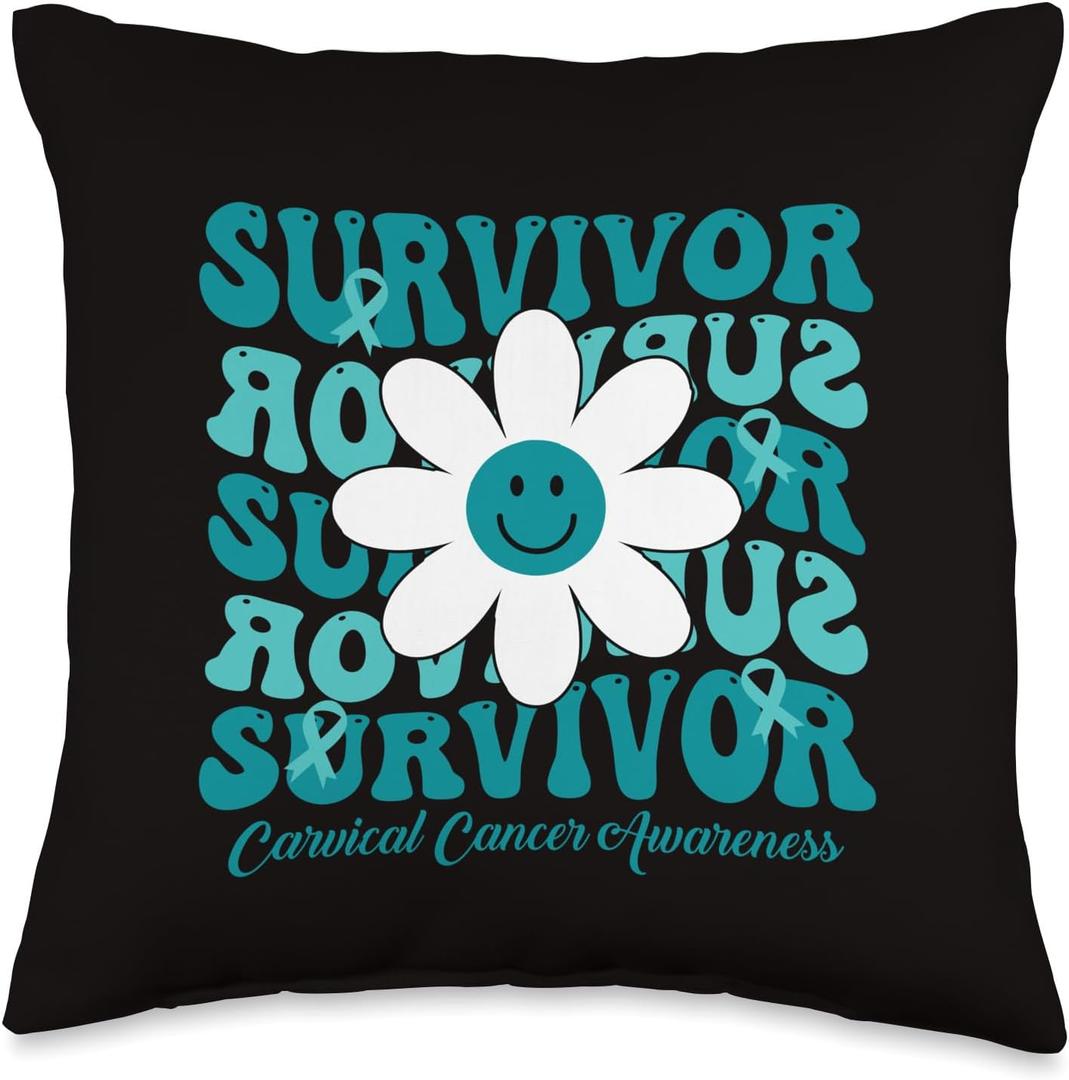 Groovy Flower Survivor Cervical Cancer Awareness Throw Pillow, 16x16