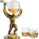 The Wine Savant Atlas Bronze World Globe Whiskey Decanter Set - 15" Tall - With 2 World Glasses - For Whiskey, Scotch, Bourbon, Cognac and Brandy - 1000ml - - Atlas Decanter Whiskey