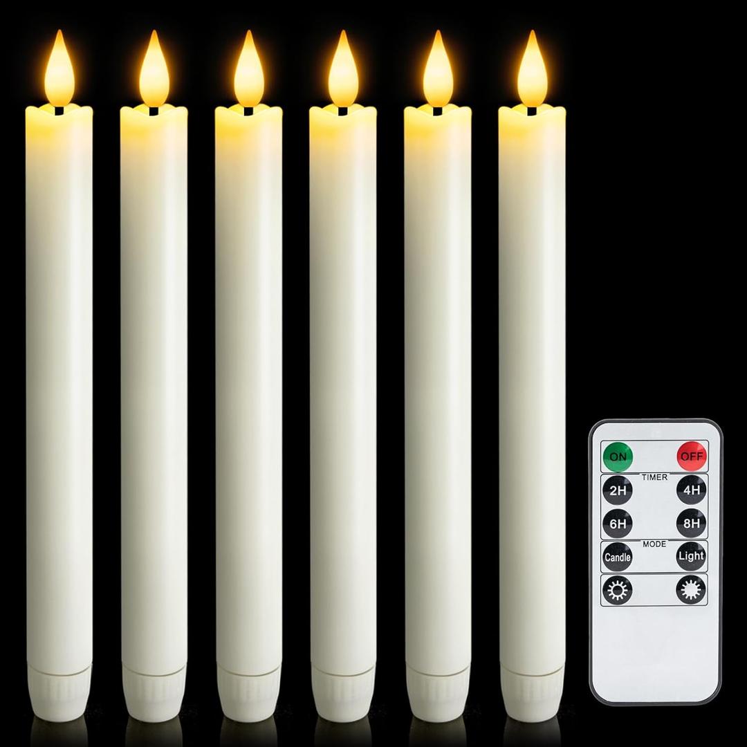 6 Pcs Flameless Taper Candles with Remote Timer, Battery Operated Window Candles, 9.6 inches White Plastic LED Candlesticks, for Halloween Christmas Church Wedding Decor