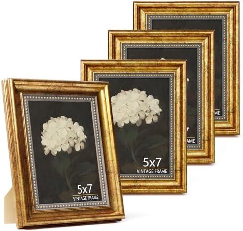 Aruifinw 5x7 Gold Picture Frame Set of 4 - Ornate Vintage Picture Frames for Wall or Tabletop Display, 5 x 7 Photo Frame Gold Display Wedding Family Baby Photos for Elegant Home Decor