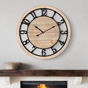 20 Inch Large Wall Clock - Rustic Wooden Silent Non-Ticking Wall Clock with Black Metal Frame, Vintage Farmhouse Decorative for Living Room, Bedroom, Kitchen - Arabic Numerals, Modern Design