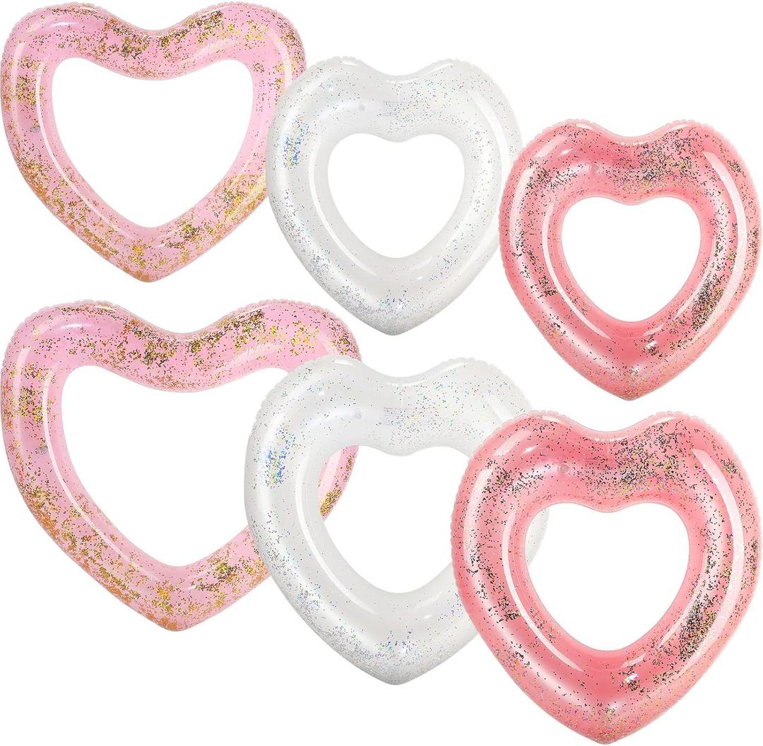 Lenwen 6 Pcs Heart Pool Float, 43"/31" Inflatable Glitter Heart Floatie Tubes Heart Bachelorette Party Prop Heart Summer Swimming Ring for Wedding Betrothal Party Decor (Many Colors)