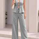Women's Striped 2 Piece Set Tie Front Peplum Tank Tops and Wide Leg Pants Sets Black Large (L)