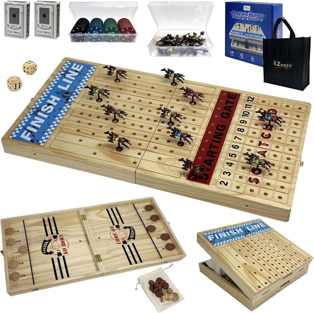 Large 23 inches Horse Racing Board Game with 11 Luxury Metal Numbered Horses, Foldable Wood Horse Race Board Game with 2 Sets of Dice, 2 Boxes of Cards, 80pc Poker Chips for Parties and Gambling (Log Color)