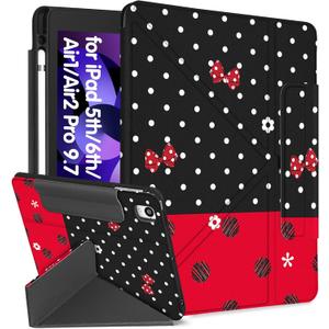 for iPad 6th/5th Generation 2018/2017 Case for iPad Air 2nd/1st Pro 9.7 Inch with Pencil Holder Cute Cool Cartoon Anime Kawaii Design Tablet Cover for Boys Girls Women, Red Black Polka Dots (Red Point Mini)