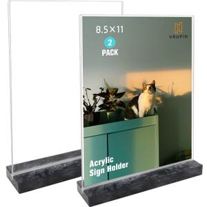 vrupin 2 Pack 8.5x11 Acrylic Sign Holder, Acrylic Frame Natural Marble Base, Clear Plastic Sign Holder Picture Photo Frames, Flyer Document Paper Display Stand for Office Desktop (black marble)