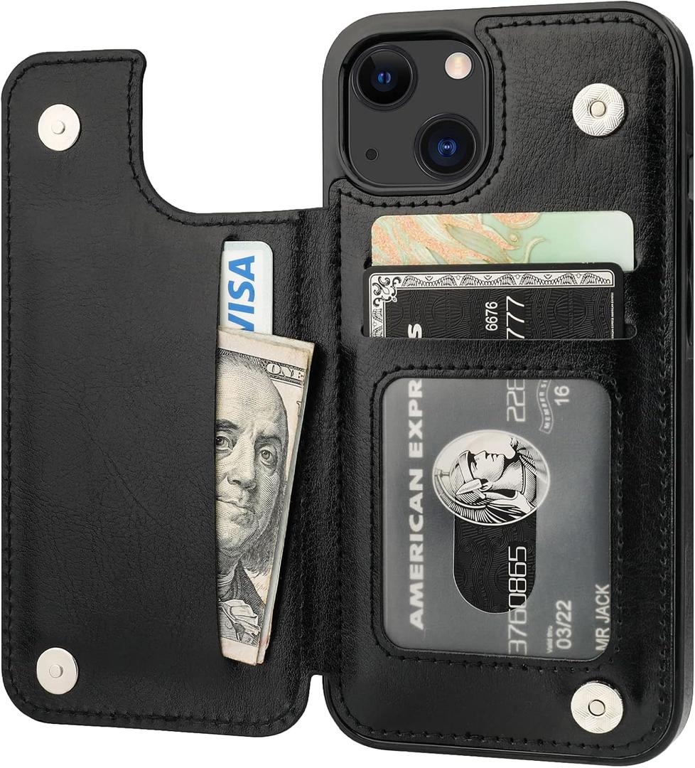 ONETOP Compatible with iPhone 13 Wallet Case with Card Holder, PU Leather Kickstand Card Slots Case, Double Magnetic Clasp Durable Shockproof Cover 6.1 Inch (Black)