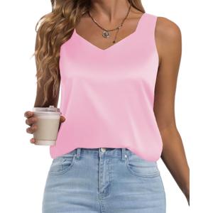 Women's Silk Satin Tank Tops V Neck Camisole Casual Cami Sleeveless Shirt Blouses Silky Basic Tanks (Pink), S