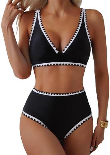 MOOSLOVER Women Whip Stitch Bikini Sets Plunging High Waisted 2 Piece Swimsuit Summer Beach Swim Bathing Suits, Size L