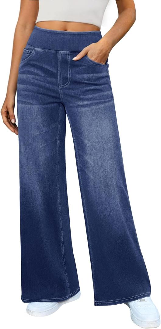 DLOODA Women's Wide Leg Jeans High Waisted Stretchy Denim Pants Elastic Waist Pull On Sweatpant Jeans Trendy Baggy Loose, L