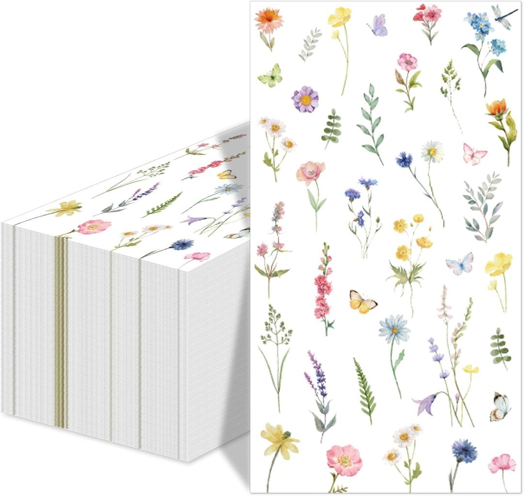 50pcs Wildflower Napkins - Disposable Floral Guest Napkins with Butterfly Decorative Paper Flowers - Perfect for Bathroom, Home, Kitchen, Wedding, Bridal, Baby Shower, Birthday & Tea Party Decorations