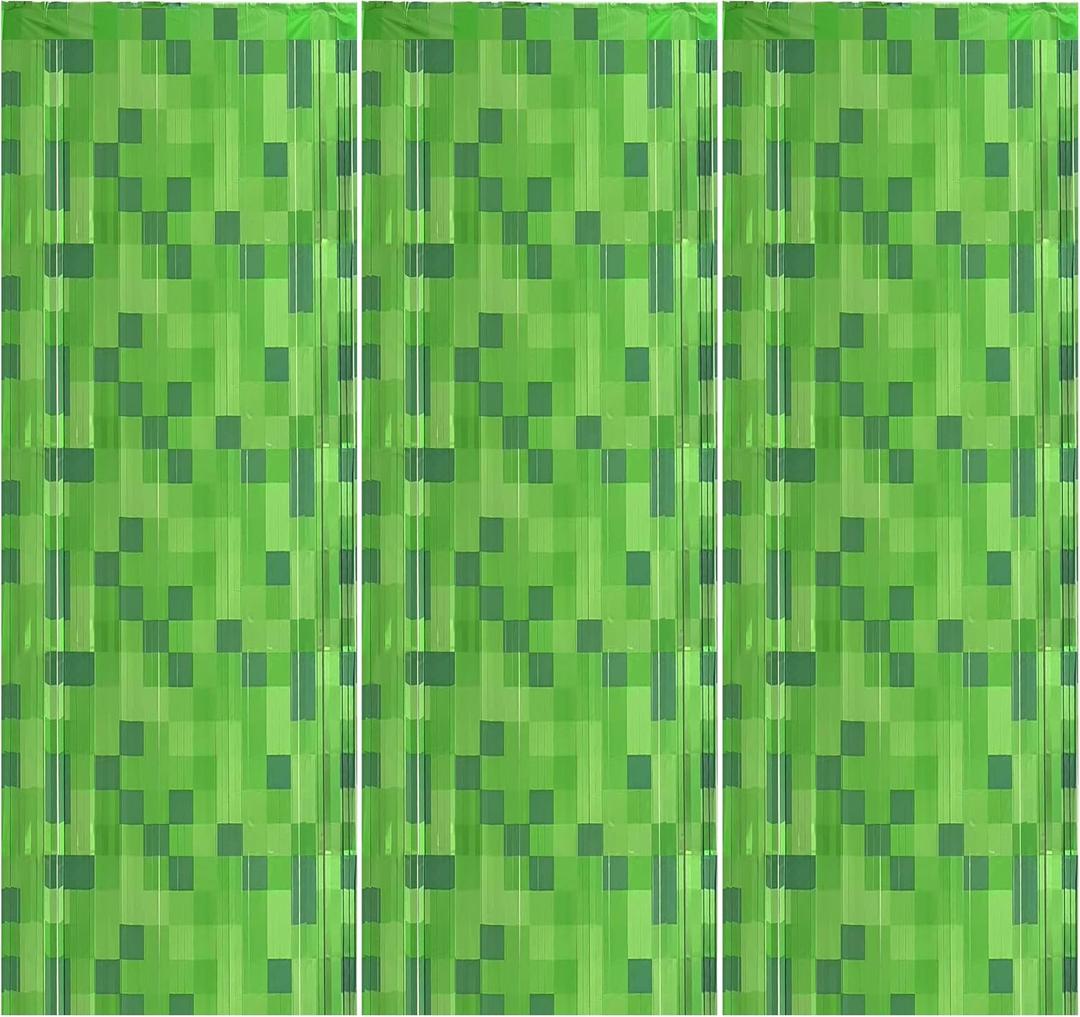 Calmi 3 Pack Green Foil Fringe Curtains Pixel Birthday Backdrop, 3.3x6.6ft Video Game Door Streamers for Boys Girls Gaming Birthday Party Decorations Supplies