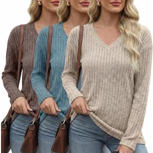 3 Pcs Women V Neck Sweater Winter Long Sleeve Shirts Lightweight Tunic Sweaters for Women 2026 Large