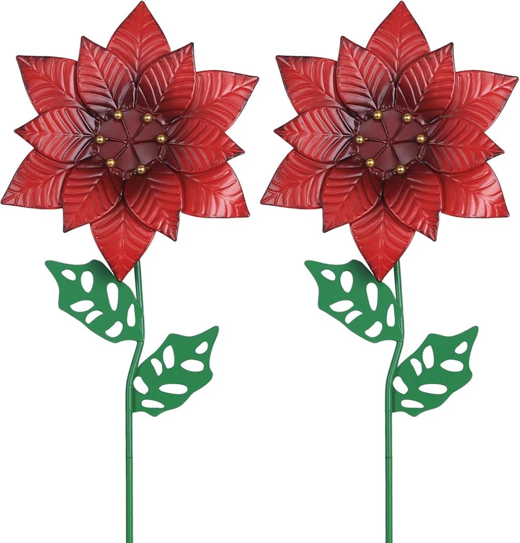YEAHOME Outdoor Christmas Decorations, Set of 2 Poinsettia Flower Decorative Garden Stakes for Christmas Decor, Metal Red Flowers Xmas Decorations for Outside Garden Yard Lawn Porch