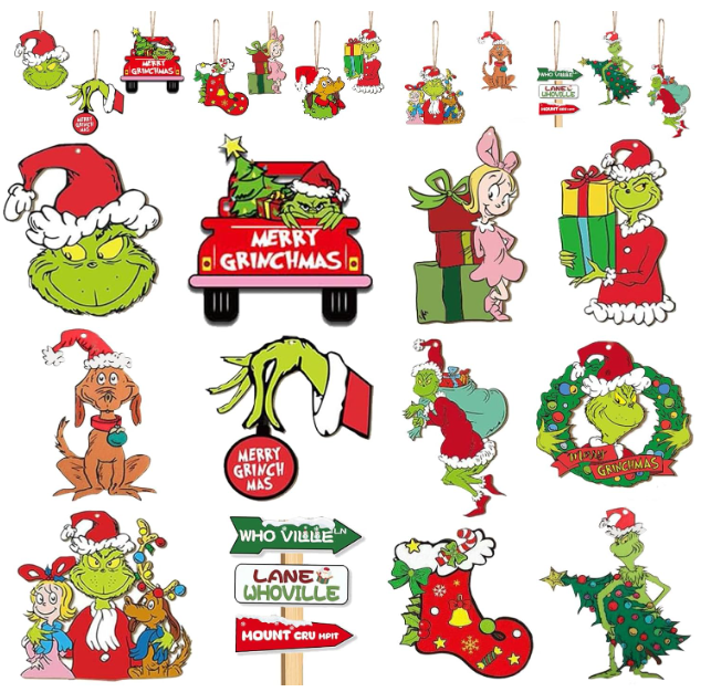 Griinch Ornaments for Christmas Tree Wood, Double-Sided Printing 24 Pcs Christmas Tree Decorations Hanging Ornaments for Tree Home Indoor Outdoor Decorations