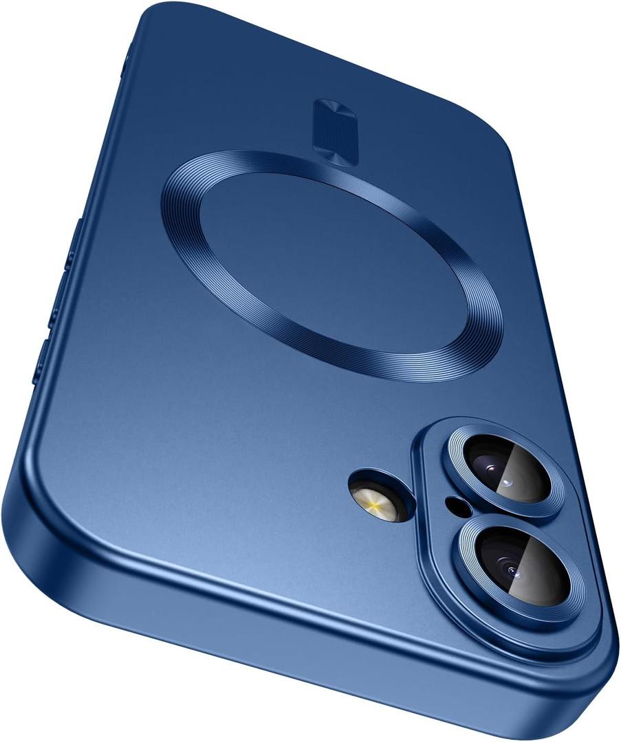 LEKEVO Magnetic for iPhone 16 Case [Compatible with MagSafe][Built-in Camera Lens Protector] Slim Soft Silicone Bumper Shockproof Metallic Luster Phone Case (Blue)
