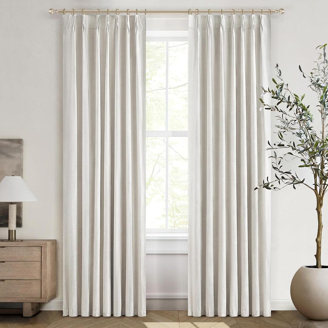 Birch Unique 80 Inch Pinch Pleated Curtains Blackout for Bedroom 2 Panel Set, Neutral Cream Linen Blend Pleat Memory Trained Drapes Room Darkening Insulated Nursery Back Tab 40x80 Inches Window Burg
