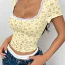 Women Y2k Ditsy Floral Lace Trim Crop Tops Yellow Cute Scoop Neck Tight Fitted Short Sleeve T Shirts Going Out (L)