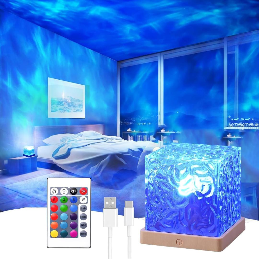 Ocean Wave Projector Light, 16 Colors Rechargeable Luminorthe Cube Lamp with Touch and Remote Control, Bringing Romance and Tranquility (White)