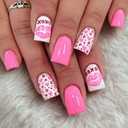 Valentines Press on Nails Pink Short Square Fake Nails with Hearts Polka Dots Lips Designs Acrylic Reusable - 24 Pcs Love Day Kit for Women WYFHDT