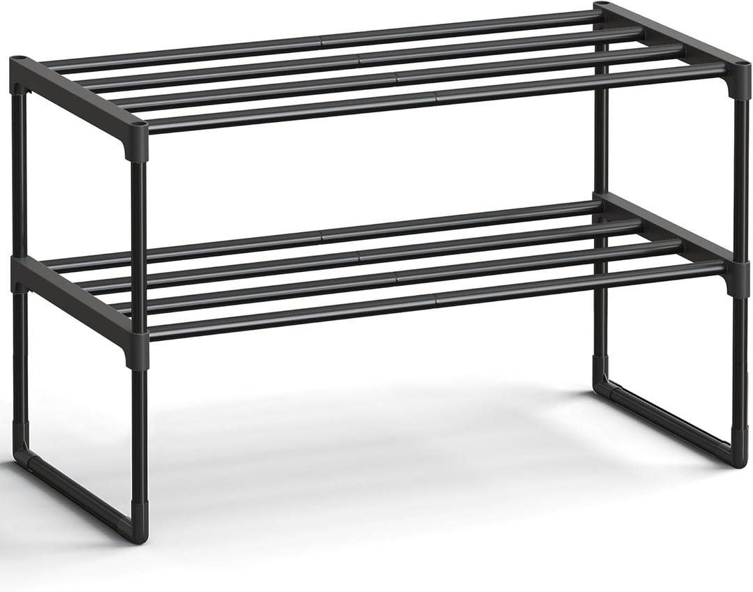 SONGMICS Shoe Rack, 2-Tier Shoe Organizer, Metal Storage Shelf, Upright or Upside Down, for 6-9 Pairs, Stackable, for Entryway, 11.8 x 26.8 x 14.6 Inches, Black ULSA202B01