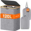 Lifewit 120L Laundry Basket with Lid, Clothes Hampers with Bamboo Handles and A Removable Bag, Large Foldable Laundry Hamper for Bedroom, Bathroom, Dorm, Light Gray