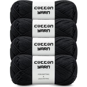 Cotton Yarn for Crocheting, 100% Soft Cotton Yarn for Knitting, 4 Skeins of 1.76oz(50g)/158.7yds(145m), Black