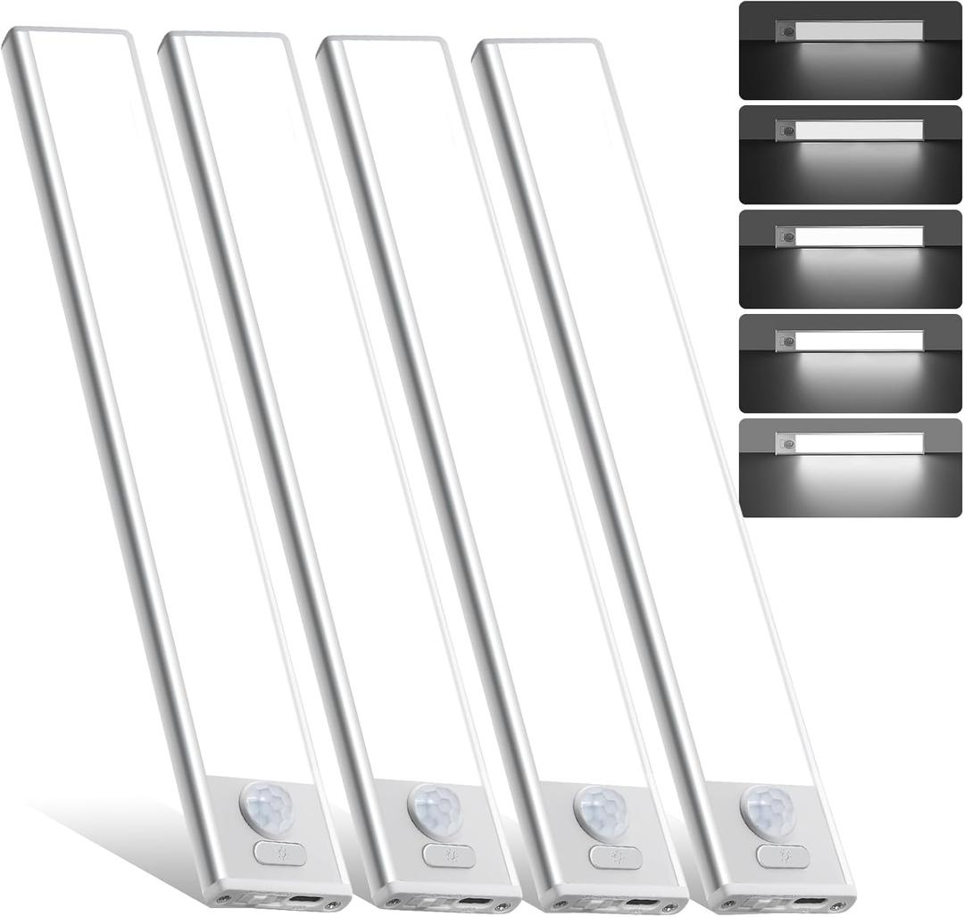 4 Pack Under Cabinet Lighting, Rechargeable Motion Sensor Light Indoor, Wireless Dimmable Magnetic Closet Lights, 32 LED Under Counter Lights for Kitchen, Wardrobe, Stairs, White Light (8inch)