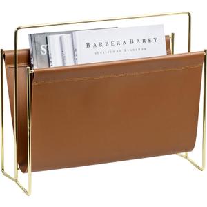 MyGift 15-Inch Modern Brown Leatherette & Brass Plated Metal Magazine Holder  Floor Standing Faux Leather Sling Style Newspaper Rack for Home, Bathroom, Office Decor